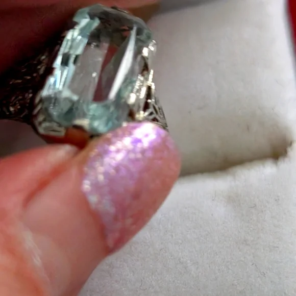 Art deco Filigree 14k White‎ Gold  Ring with Aquamarine - Picture 3 of 10